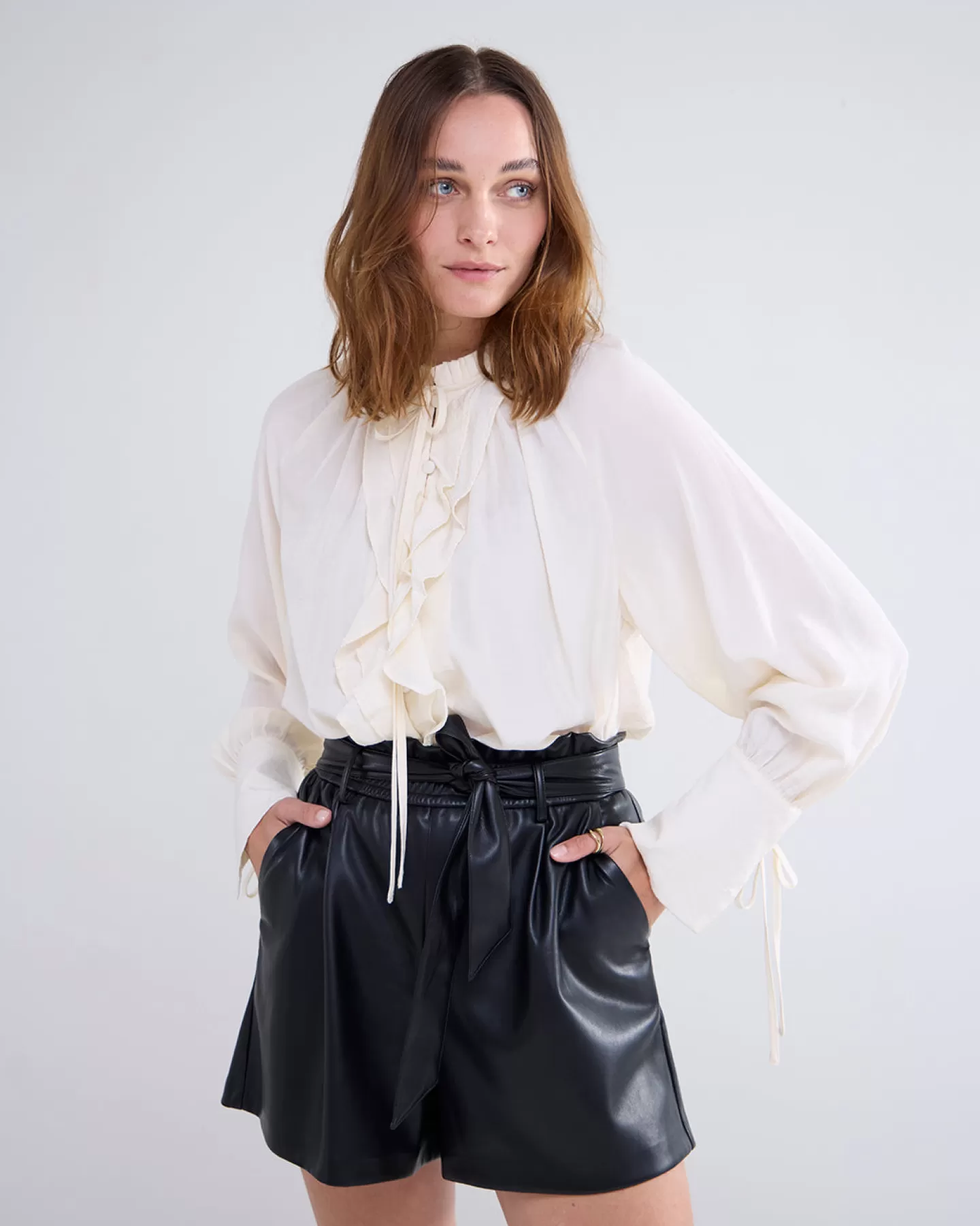 Blouses>Summum Blouse Met Franjes En Opstaande Kraag Crème