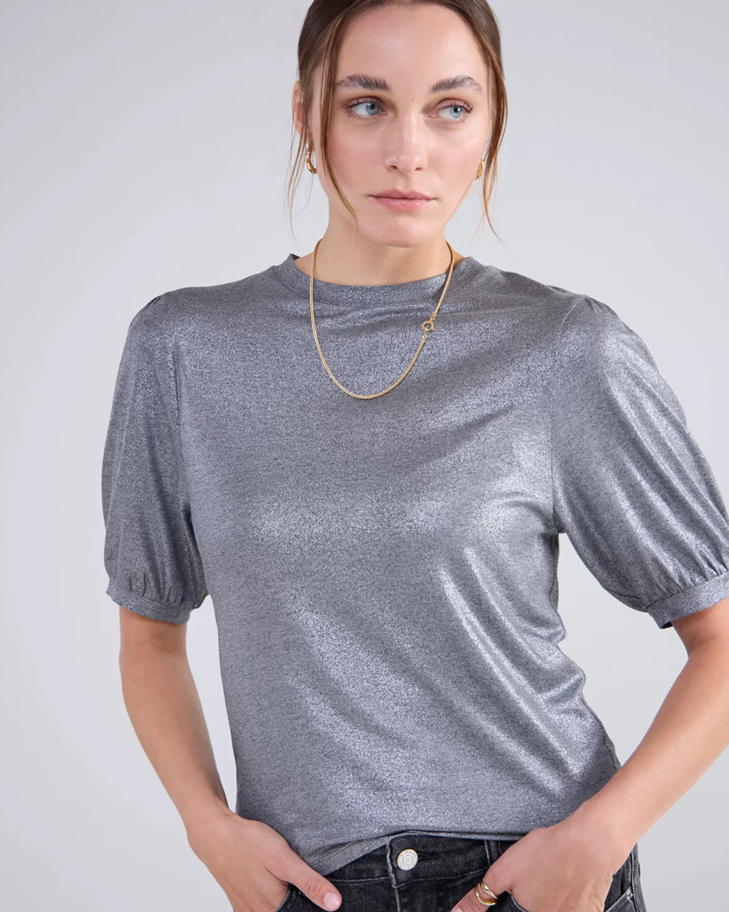 Tops & T-Shirts>Summum Glanzende Basic Top Grijs