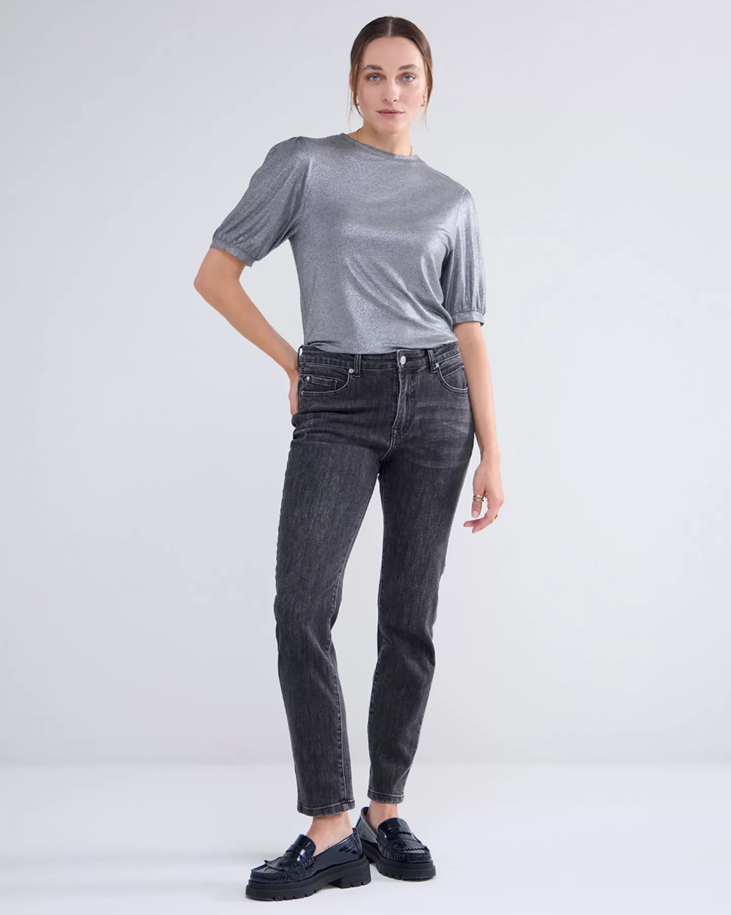 Tops & T-Shirts>Summum Glanzende Basic Top Grijs