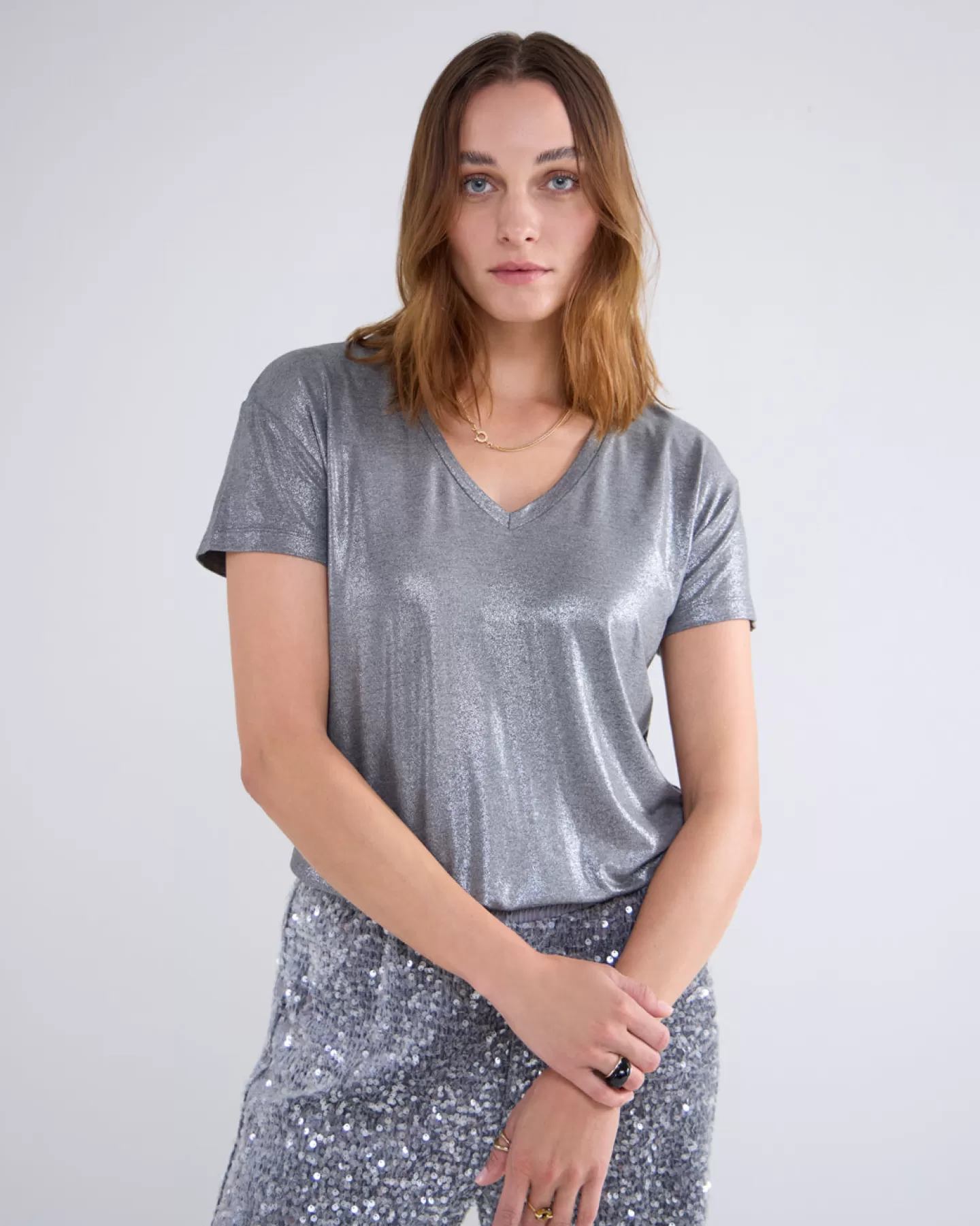 T-Shirts | Tops & T-Shirts>Summum Glanzende Basic V-hals Top Grijs