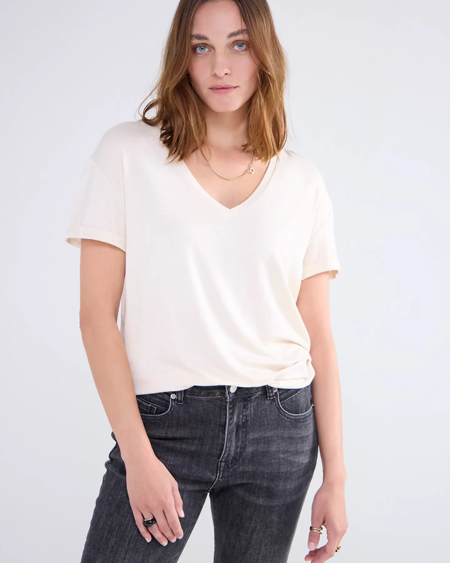 T-Shirts | Tops & T-Shirts>Summum Glanzende Basic V-hals Top Crème