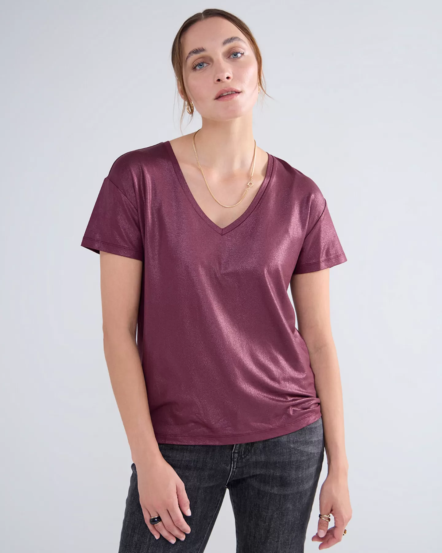 T-Shirts | Tops & T-Shirts>Summum Glanzende Basic V-hals Top Paars