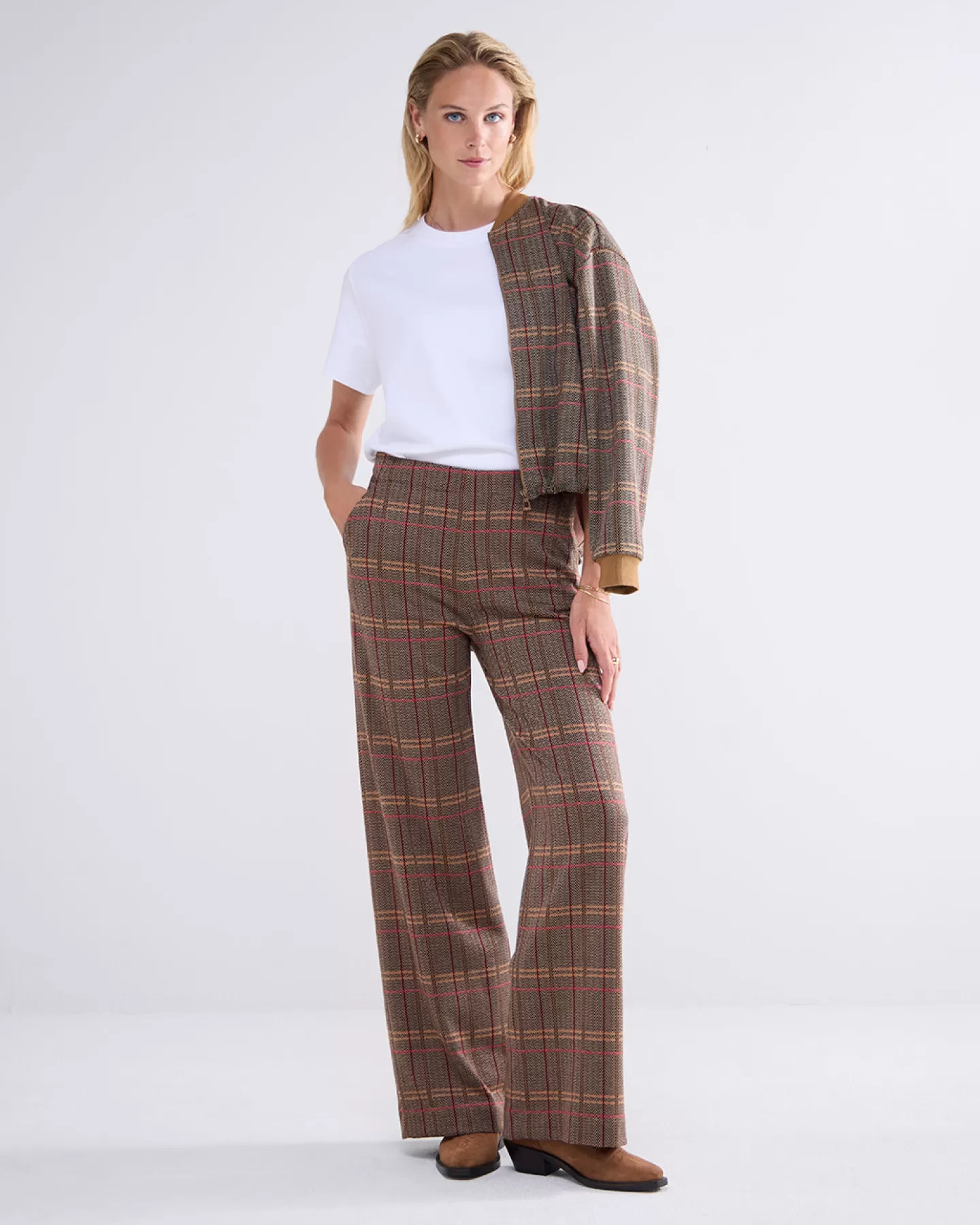 Broeken & Jumpsuits>Summum Wijde Broek Met Ruiten Bruin